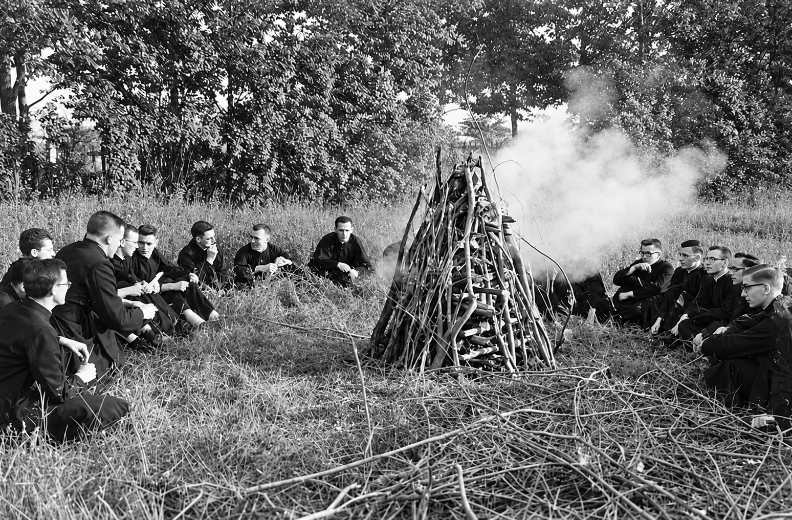 Seminarians around a campfire
